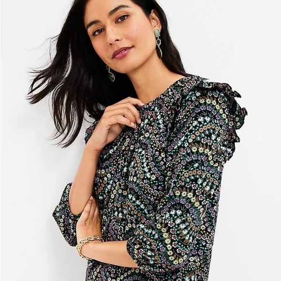 LOFT  Garden Dobby Tie Back Ruffle Blouse - Picture 2 of 9